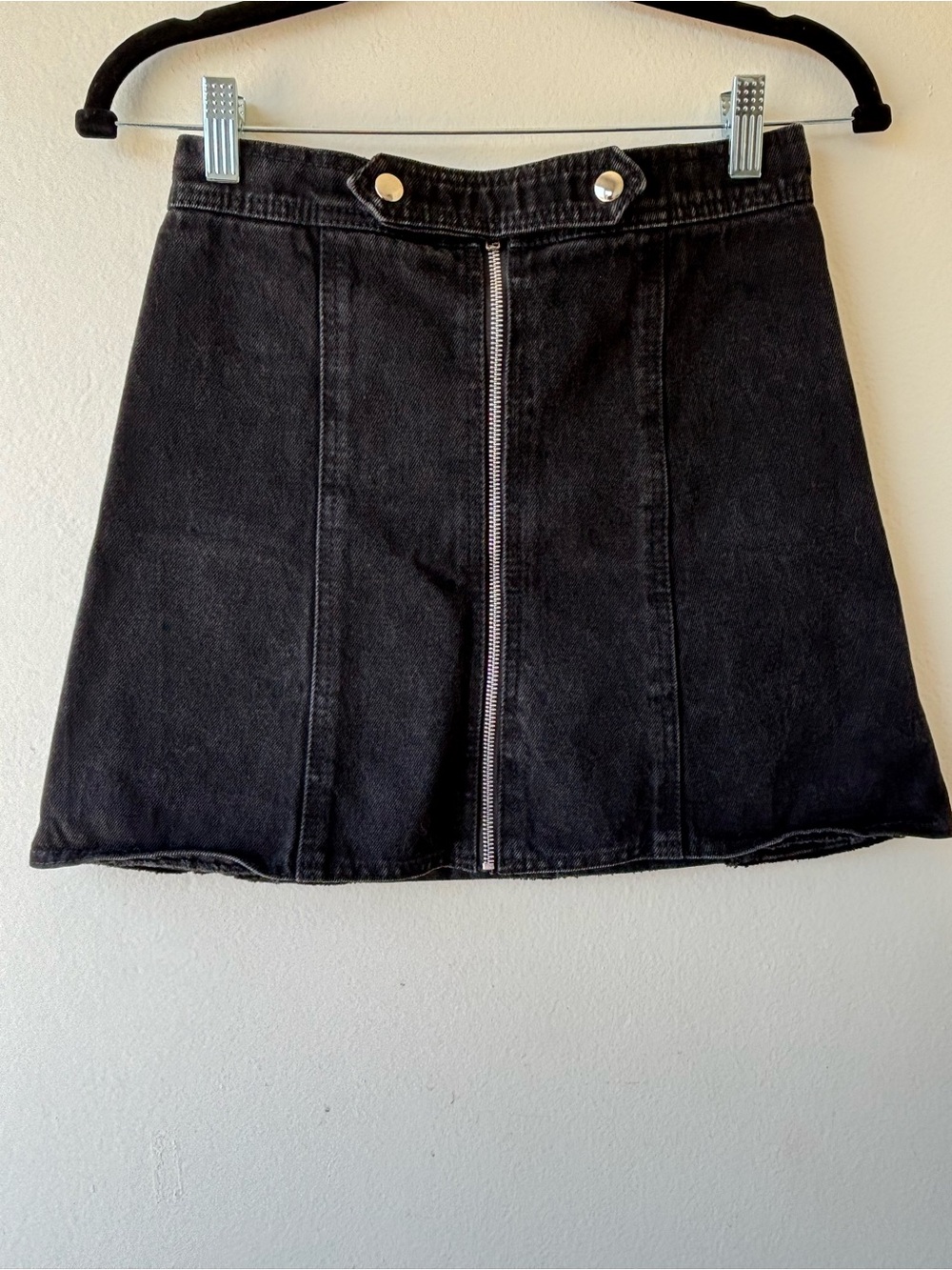 Front-Zip Black Denim Mini Skirt